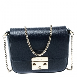 Pre Owned Furla Blue Leather Mini Metropolis Crossbody Bag