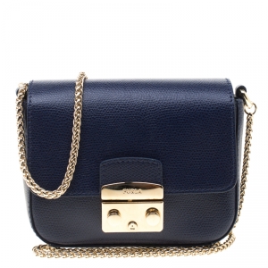 Pre Owned Furla Indigo Leather Mini Metropolis Crossbody Bag
