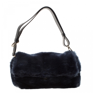 Pre Owned Furla Dark Blue Fur Caos Medium Shoulder Bag