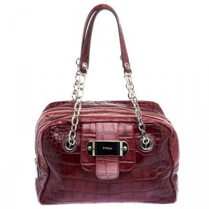 Furla Red Croc Embossed Leather Bowling Bag