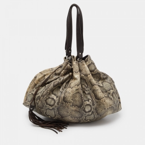Pre Owned Furla Grey/Brown Python Embossed and Leather Tassel Tote