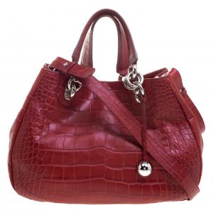 Pre Owned Furla Red Croc Embossed Leather Shoulder Bag