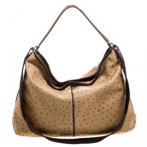 Pre Owned Furla Brown Ostrich Embossed Leather Elizabeth Hobo