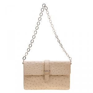 Pre Owned Furla Beige Ostrich Embossed Leather Chain Clutch