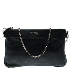 Pre Owned Furla Black Leather Chain Clutch