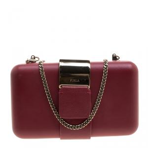 Pre Owned Furla Red Leather Opera Chain Clutch