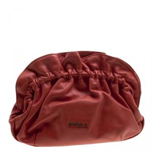Pre Owned Furla Red Leather Ruffle Clutch