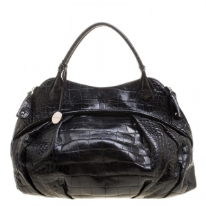 Pre Owned Furla Black Croc Embossed Leather Hobo
