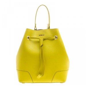 Pre Owned Furla Yellow Green Leather Stacy Drawstring Bucket Bag