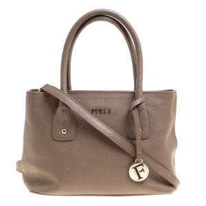 Pre Owned Furla Dark Beige Saffiano Leather Linda Tote