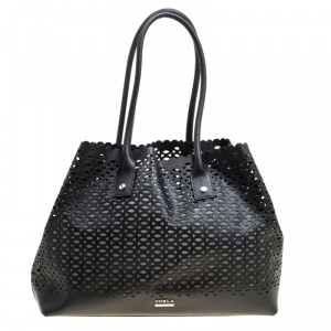 Pre Owned Furla Black Perforated Leather E/W Melissa Tote