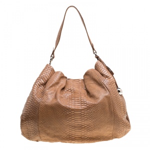Pre Owned Furla Brown Python Embossed Leather Drawstring Shoulder Bag