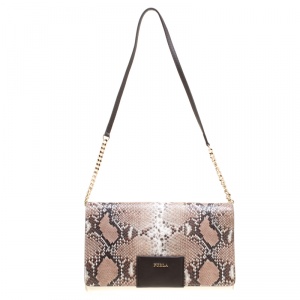 Pre Owned Furla Biege/White Pyhton Embossed and Leather Shoulder Bag