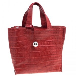 Pre Owned Furla Red Croc Embossed Leather Divide It Tote