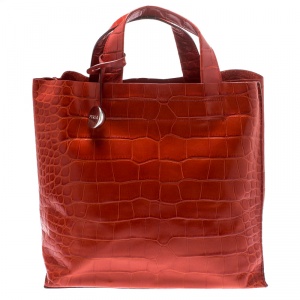 Pre Owned Furla Red Croc Embossed Leather Divide It Tote