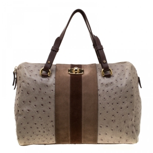 Pre Owned Furla Grey/Brown Ostrich Embossed Leather Satchel