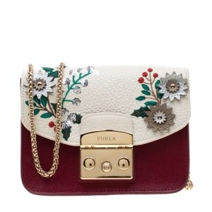 Pre Owned Furla Red/White Flower Embroidered Leather Mini Metropolis Crossbody Bag
