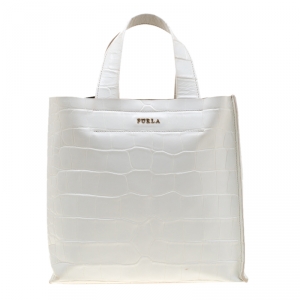 Pre Owned Furla White Croc Embossed Leather Divide It Tote