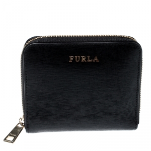 Pre Owned Furla Black Leather Babylon Zip Around Compact Wallet