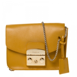 Pre Owned Furla Mustard Leather Mini Metropolis Crossbody Bag