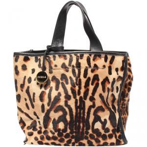 Pre Owned Furla Black Leopard Print Ponyhair Leather Tote Bag