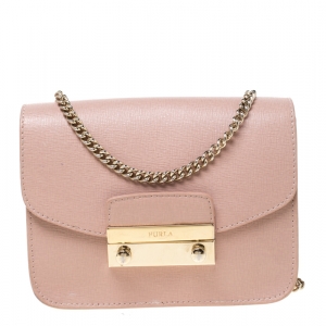 Pre Owned Furla Light Pink Leather Mini Metropolis Crossbody Bag