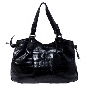 Pre Owned Furla Black Croc Embossed Leather Shoulder Bag