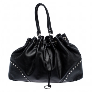 Pre Owned Furla Black Leather Drawstring Studded Shoulder Bag