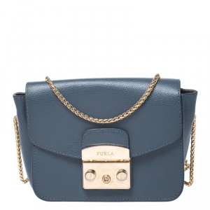 Pre Owned Furla Blue Leather Mini Metropolis Crossbody Bag
