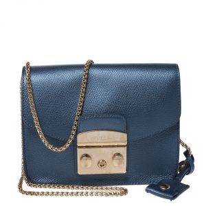 Pre Owned Furla Blue Leather Mini Metropolis Crossbody Bag