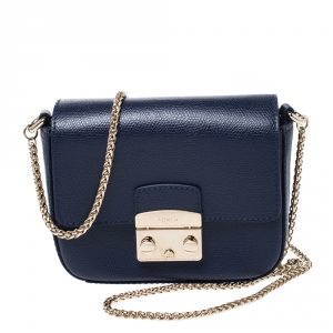 Pre Owned Furla Navy Blue Leather Mini Metropolis Crossbody Bag