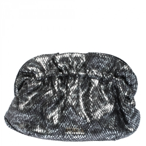Pre Owned Furla Metallic Grey Snakeskin Effect Leather Ruffle Clutch