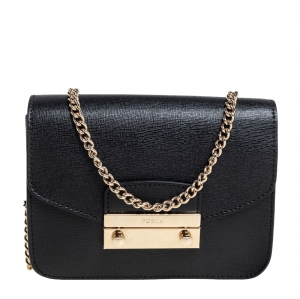 Pre Owned Furla Black Leather Mini Metropolis Chain Crossbody Bag