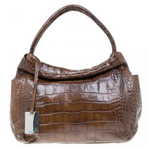 Pre Owned Furla Brown Croc Embossed Leather Hobo