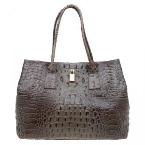 Pre Owned Furla Brown Croc Embossed Leather Onyx Tote