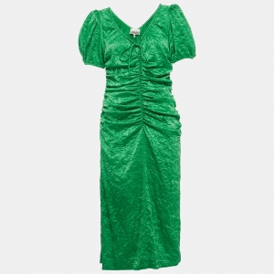 مملوكة مسبقًا Ganni Green Crinkled Satin Ruche Detail Midi Dress M