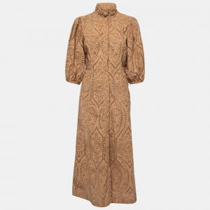 Pre Owned Ganni Tan Brown Cotton Eyelet Collared Midi Dress M