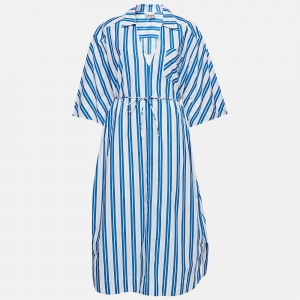 Pre Owned Ganni White/ Blue Striped Organic Cotton Wait Tie Shirt Dress L
