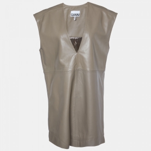 Ganni Brown Leather Sleeveless Shift Dress M