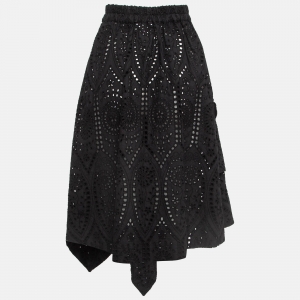 Ganni Black Cotton Broderie Anglaise Asymmetric Midi Skirt S