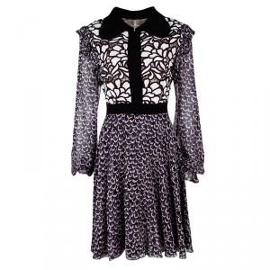 Giambattista Valli Black Printed Silk Georgette Floral Embroidered Ruffled Dress L