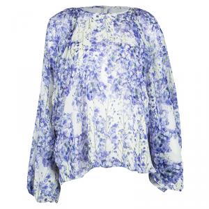 Giambattista Valli White Floral Print Silk Long Sleeve Blouse XL