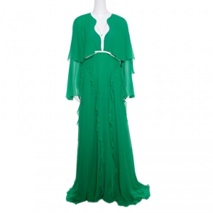 Giambattista Valli Kelly Green Silk Ruffled Tiered Sleeve Evening Gown XL