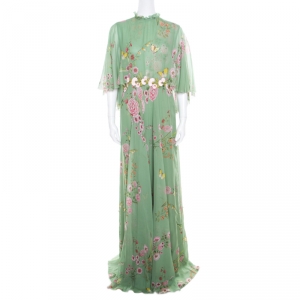 Giambattista Valli Fern Green Floral Printed Silk Cape Style Gown L