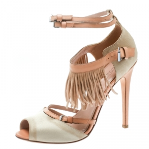 Giambattista Valli Beige Satin/Leather Trim Fringe Ankle Strap Sandals Size 40.5