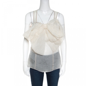 Gianfranco Ferre Cream Sheer Silk Paneled Bow Front Sleeveless Top M