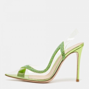 Gianvito Rossi Transparent/Green PVC and Suede Embellished Hortensia Pumps Size 38