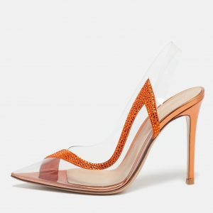 Gianvito Rossi Transparent/Orange PVC and Suede Embellished Hortensia Pumps Size 37