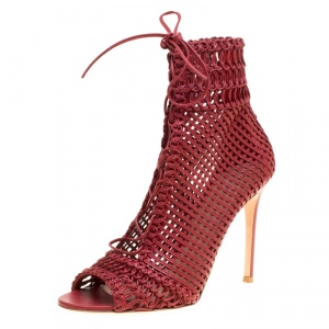 Pre Owned Gianvito Rossi Burgundy Woven Leather Marnie Lace Up Peep Toe Ankle Boots Size 39.5