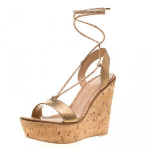 Pre Owned Gianvito Rossi Metallic Gold Leather Ankle Wrap Cork Wedge Sandals Size 37